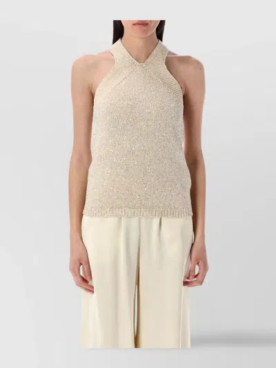 Fabiana Filippi Halterneck Sleeveless Metallic Ribbed Hem Top In Vaniglia