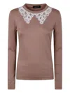 Fabiana Filippi Long Sleeve T-shirt With Macrame Lace Collar In Neutral