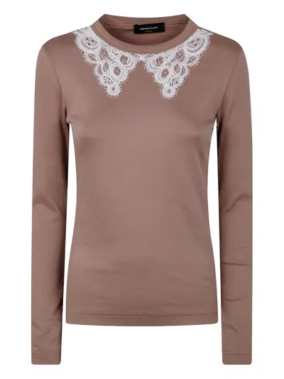 Fabiana Filippi Long Sleeve T-shirt With Macrame Lace Collar In Brown