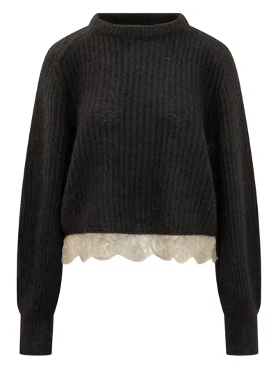 Fabiana Filippi Lace-trimmed Knitted Sweater In Black