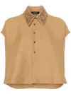 Fabiana Filippi Cropped Blouse With Embroidered Collar And Button-down Front In Beige