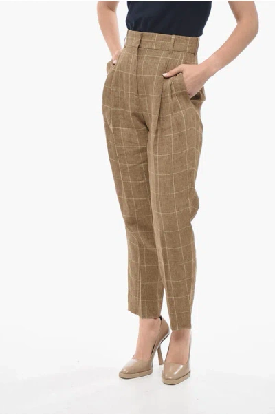 Fabiana Filippi Linen Chinos Pants With Windowpane Motif In Brown