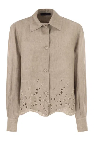 Fabiana Filippi Cropped Linen Shirt With Broderie Anglaise Embroidery In Multi