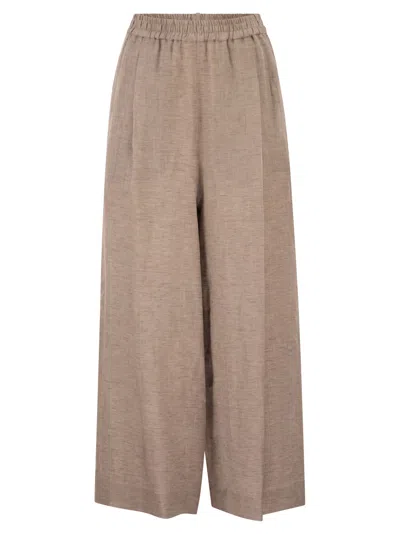 Fabiana Filippi Linen Wide-leg Trousers With Elasticated Waist And Monile Detail In Brown