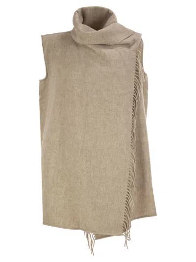 Fabiana Filippi Long Gilet With Integrated Scarf Collar In Wool And Polyamide In Brown