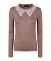 Fabiana Filippi Long Sleeve T-shirt With Macrame Lace Collar In Brown