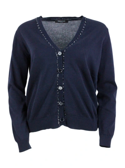Fabiana Filippi Long-sleeved Cardigan Sweater With Buttons In Fine Cotton Embellished With Brilliant Applied Micro-s In Blu