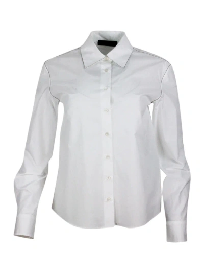 Fabiana Filippi Long-sleeved Shirt In Stretch Cotton Poplin With A Slim Fit Trimmed With Rows Of Brilliant Jewels In White