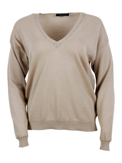 Fabiana Filippi Long-sleeved V-neck Sweater In Fine Cotton Embellished With Brilliant Applied Microsequins In Brown