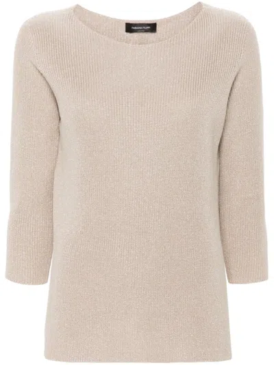 Fabiana Filippi Luxurious Ribbed Sweatshirt With Three-quarter Sleeves And Elegant Side Slits In Beige