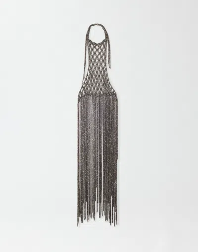 Fabiana Filippi Top In Tubolare Paillettes Macrame' Con Frange In Dark Grey