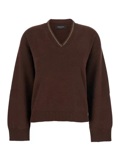 FABIANA FILIPPI BROWN V-NECK SWEATER IN WOOL AND SILK BLEND WOMAN