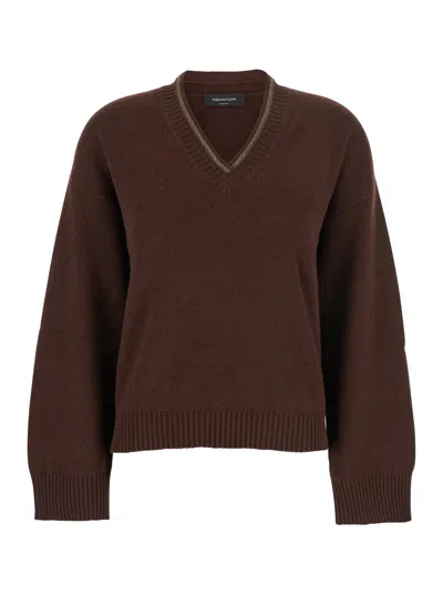 FABIANA FILIPPI BROWN V-NECK SWEATER IN WOOL AND SILK BLEND WOMAN