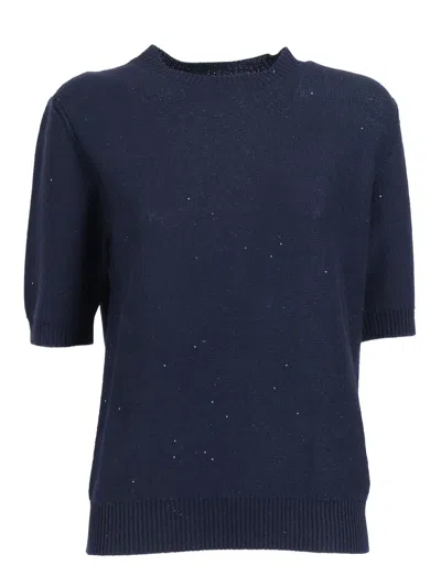 Fabiana Filippi Maglia Girocollo Manica Corta In Paillettes Lino Color In Blue