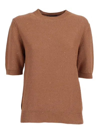 Fabiana Filippi Maglia Girocollo Manica Corta In Paillettes Lino Color In Brown