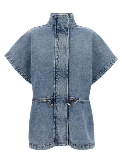 Fabiana Filippi Marbled Denim Cape With Adjustable Drawstring In Blue