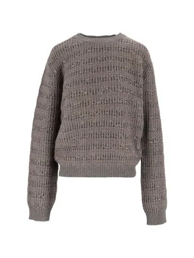 Fabiana Filippi Falcon Platinum Mohair Sequin Striped Crewneck Sweater In Gray