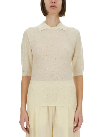 Fabiana Filippi Mohair Yarn Knit With Classic Collar And Short Puff Sleeves In Neutrals