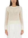 Fabiana Filippi White Crewneck Sweater With Ribbed Trim In Tricot Wool Blend Woman In White