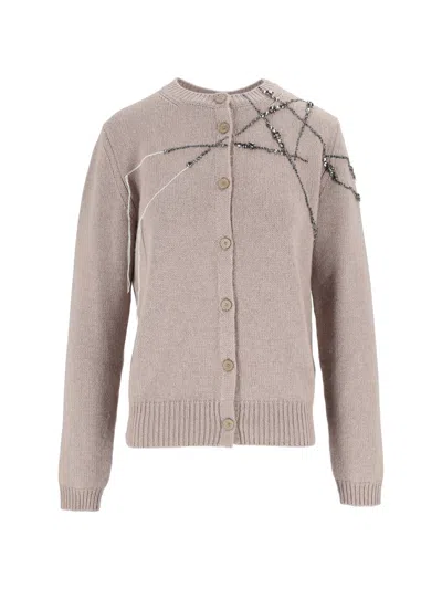 Fabiana Filippi Platinum Cardigan With Strass Embroidery In Brown