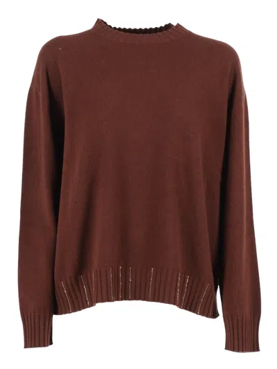 Fabiana Filippi Platinum Crew Neck Sweater With Filo Diamante In Brown