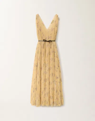 Fabiana Filippi Pleated Tulle Dress With Painted Botanical Print In Canary