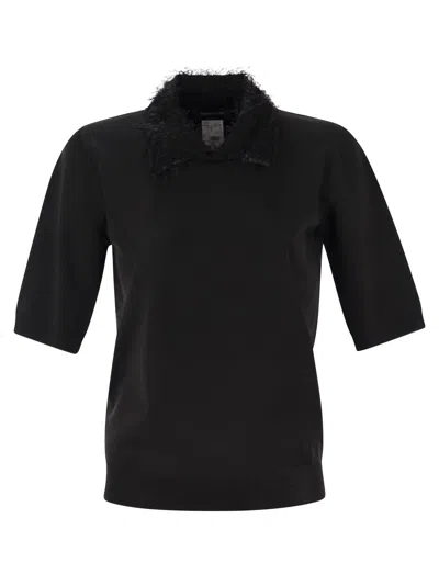 Fabiana Filippi Polo Shirt With Frayed Viscose Collar In Blue