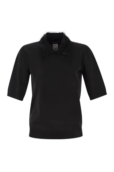 Fabiana Filippi Polo Shirt With Frayed Viscose Collar In Black