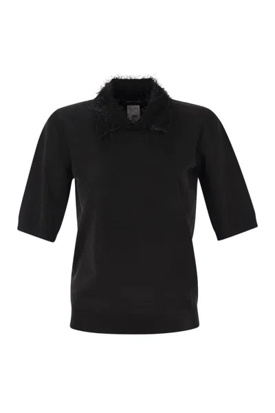 Fabiana Filippi Polo Shirt With Frayed Viscose Collar In Black
