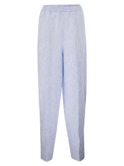 Fabiana Filippi Pure Linen Striped Trousers With Elasticated Waistband In Blue