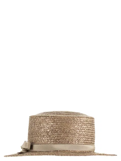 Fabiana Filippi Raffia Straw Hat With Grosgrain Ribbon In Metallic