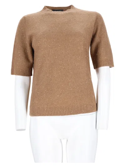 Fabiana Filippi Relaxed Fit Short-sleeved Beige Knit Sweater In Brown
