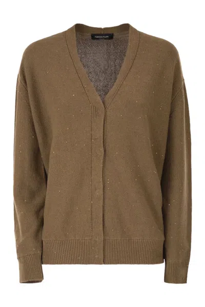 Fabiana Filippi Reversible Cotton And Linen Cardigan With Sequins And Tulle In Brown