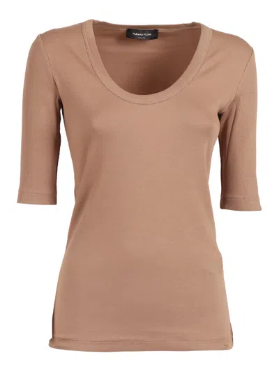 Fabiana Filippi Ribbed Cotton Jersey U Neck T-shirt Filo Diamante Detail In Brown