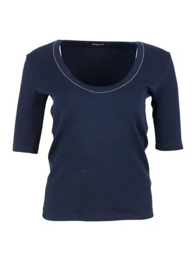 Fabiana Filippi Ribbed Cotton T-shirt With U-neck, Elbow-length Sleeves Embellished With Rows Of Monili On The Neck In Blue