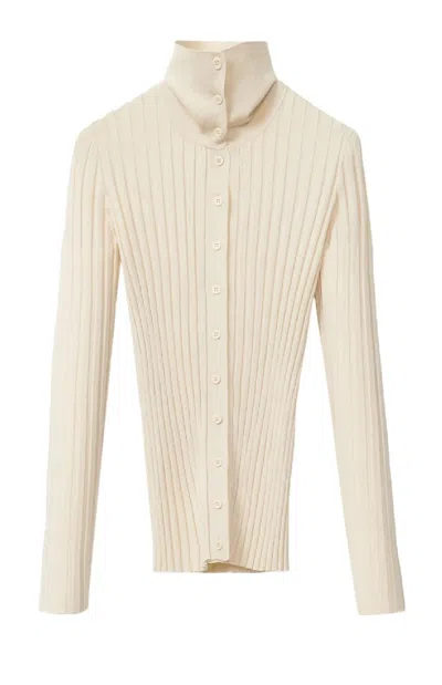 Fabiana Filippi Ribbed High Collar Top With Button-down Front In Neutrals