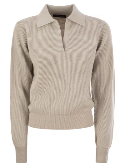 Fabiana Filippi V-neck Rib Trim Knit Polo Sweater In Beige