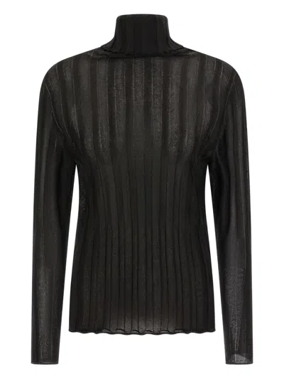 Fabiana Filippi Turtleneck Sweater With Ribbed Sheer Fabric In Black