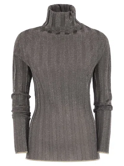 Fabiana Filippi Ribbed Turtleneck Sweater With Lurex Trim In Gray