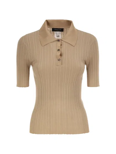 Fabiana Filippi Ribbed Silk And Wool Polo Knit With Jewel Buttons In Brown