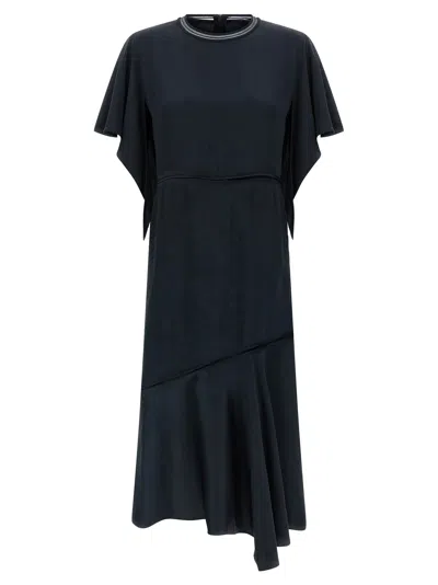Fabiana Filippi Dress Ruffle Detail Asymmetrical Hem Round Neckline In Blue