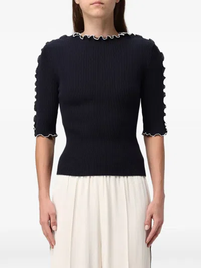 Fabiana Filippi Ruffled Ribbed-knit Sweater In Blue