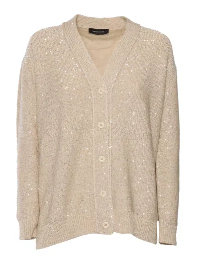 Fabiana Filippi Sequin Cotton Ribbon V Neck Cardigan In Neutral