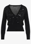 Fabiana Filippi V-neck Wool Blend Cardigan With Front Sequins Detail In Black