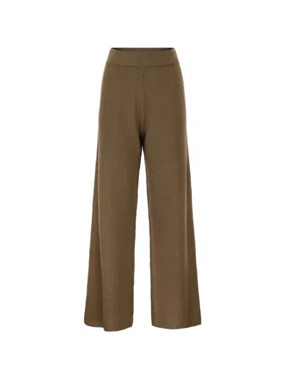 Fabiana Filippi Wide-leg Trousers In Cotton And Linen Knit With Sequins In Brown
