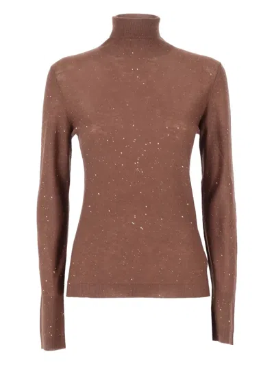 Fabiana Filippi Long Sleeve Turtleneck Sweater With Sequined Detail In Brown
