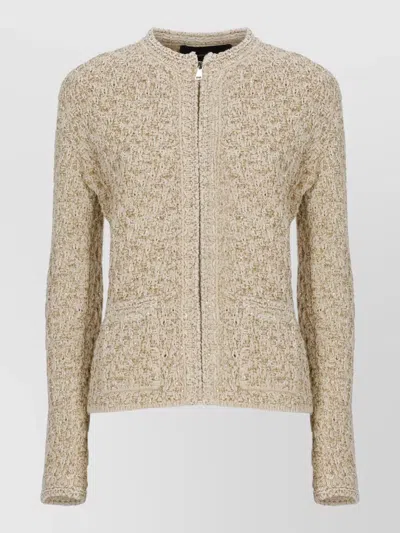 Fabiana Filippi Sequin Knit Cardigan Round Neck Pockets In Brown