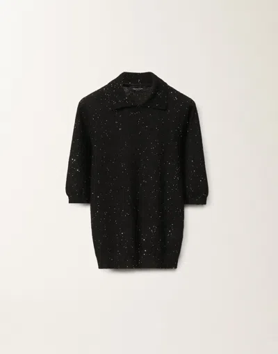 Fabiana Filippi Sequin Soft Mohair Short Sleeve Sweater With Polo Collar In Black