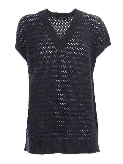 Fabiana Filippi Sequin Striped Crochet V Neck Cape Sleeve Sweater In Blue