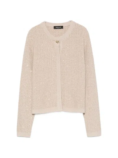 Fabiana Filippi Wool Blend Cardigan Sequin Trim Round Neck In Neutral